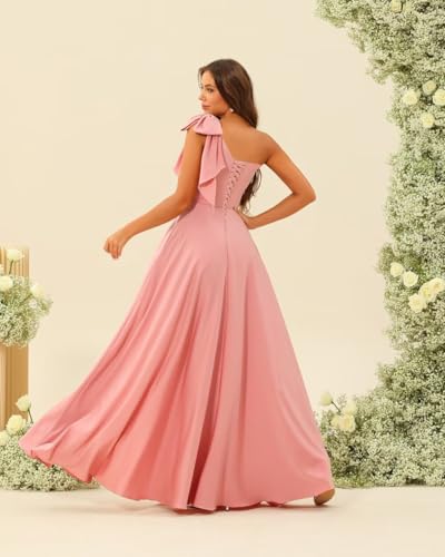 BITALY One Shoulder Bridesmaid Dress with Bow Long Prom Dress Satin Formal Gown with Slit BI1512