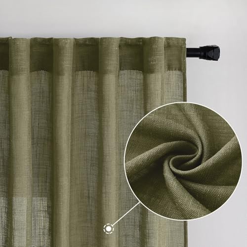 MIULEE Light Olive Green Linen Curtains 84 Inches Long 2 Panels for Bedroom Living Room, Soft Linen Textured Natural Window Drapes Semi Sheer Light Filtering Back Tab Rod Pocket Burlap Look Decor