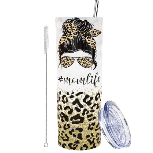 Mom Life - Vaso con popote y cepillo, vaso para mamá, taza de mamá, vaso con estampado de guepardo, regalos con estampado de leopardo para mujer, regalos de cumpleaños de Navidad para mamá