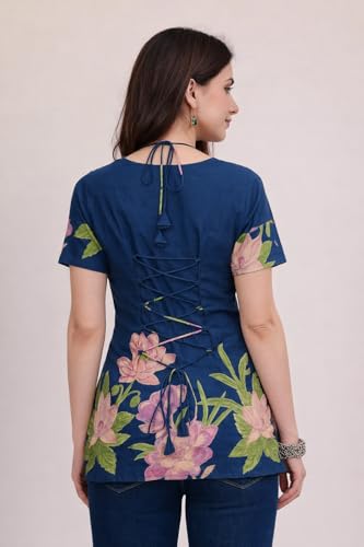 Image of Women's Floral Pure Cotton V-Neck Short Kurti (Has Lining) | Lightweight Short Sleeve Tunic | Breathable Stylish Casual & Office Wear Top