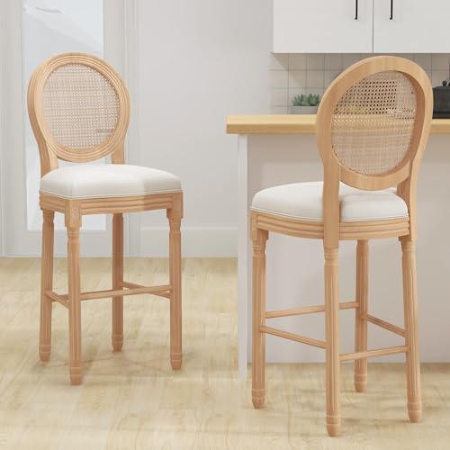 French Barstools Set of 2 Upholstered Fabric Mid Century Bar Stools French Country Counter Chairs 30 inches Seat Height with Solid Wood Frame Footrest Backrest for Kitchen Island Rattan Beige