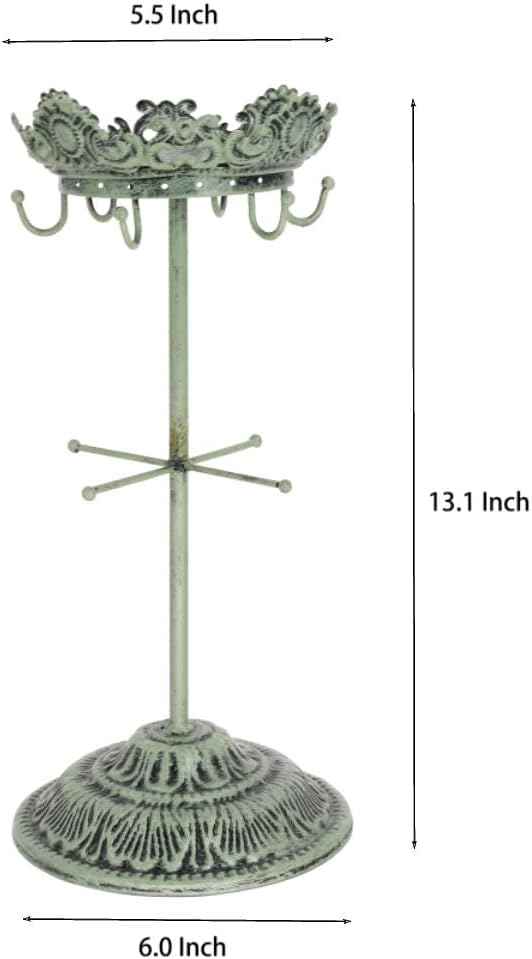 Owlgift Antique Rustic Green Jewelry Organizer Tree - 13.1" Metal Jewelry Tower with Crown Tray, 6 Hanging Hooks & 12 Earring Holes, Bracelet Display Stand for Watches, Bangles, Necklaces & Rings