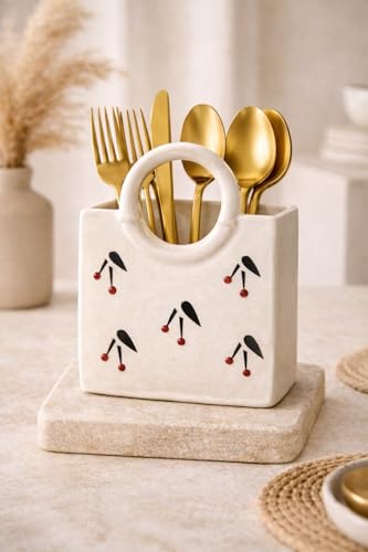 Image of Ceramic Utensil Holder, White Kitchen Organiser, Cutlery Set Holder (Litchi)