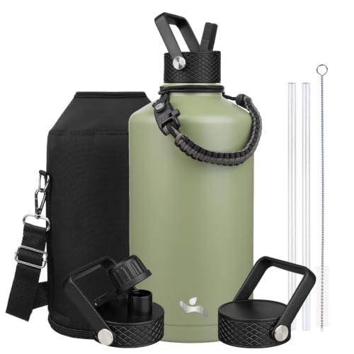 Image of Konokyo Gallon Insulated Water Bottle with Straw,128 oz 3 Lids Water Jug with Carrying Bag,Paracord Handle, Double Wall Vacuum Stainless Steel Metal Flask,Camp Green