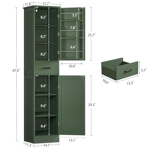 Image of TEENFON Kitchen Pantry Cabinet with 3 Door Shelves & 1 Drawer, Narrow Bathroom Cabinet with Adjustable Shelves, Tall Storage Cabinet for Living Room, Bathroom, Entryway, Green