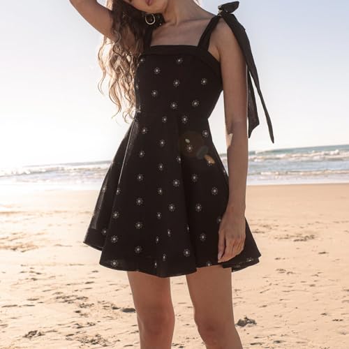 Image of Women Tie Shoulder Mini Dress Floral Ruffle Babydoll Dress Boho Square Neck Sundress Cute Summer Dresses