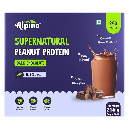 Image of Alpino Supernatural Peanut Protein Powder Dark Chocolate 216g (6 Day Trial Pack) - 100% Plant-Based, High-Performance Protein - 24g Protein, 5.1g BCAAs, No Added Sugar
