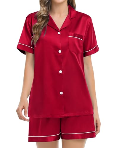 Image of SWOMOG Womens Silk Pajama Sets Short Sleeve Button Down Nightwear Sleepwear 2 Piece Pjs Set with Pockets Black