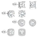 4 Pairs Cubic Zirconia Stud Earrings, Earrings for Men Women, Silver Diamond Studs Earrings Women, Hypoallergenic Square CZ Studs Set Gifts