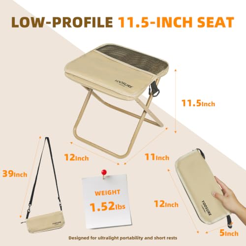 Image of 11.5 inch Tall Compact Collapsible Stool, Portable Folding Camp Stool with 2 Side Pockets, Lightweight Mini Folding Stool for Adults, Small Backpacking Stool for Fishing Hiking Trips