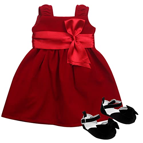 Sophia's Velvet Holiday Party Special Occasion Dress with Satin Ribbon, Vertical Bow, & Gathered Empire Waistline and Shoes for 18” Dolls, Red/Black