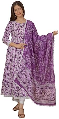 MEERA FAB Women's Cotton Printed White Anarkali Kurta with Palazzo & Dupatta Set