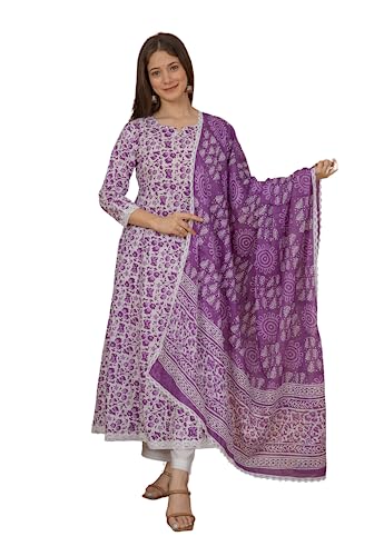 Meera Fab Women's Cotton Printed Blue Anarkali Kurta With Palazzo & Dupatta