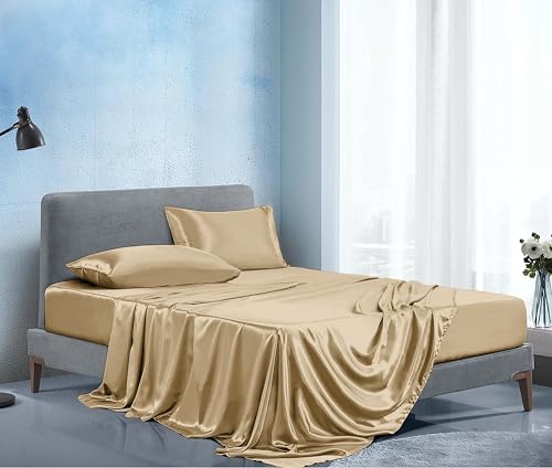 Image of Soft and Silk Satin Bedsheet for Single Bed - 400 TC Romantic Bedsheet Set for Bedroom | Bridal Wedding Bedsheet with Pillow Cover | Ideal for Gifting Beige, Single Bed
