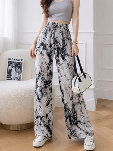 Image of Celary Women's Printed Palazzo Pants - Silk Blend High Waist Wide Leg Trousers | Elastic Waist Relaxed Fit Casual Flowy Pants for Travel, College, Office