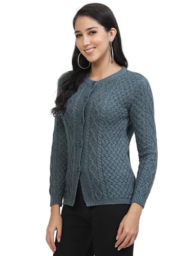 Image of Kalt Women Sweater for Winters Woolen Acrylic Full Sleeve Round Neck Cable Design Cardigan Sweater