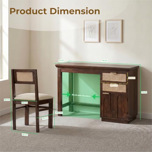 Image of NSH Solid Sheesham Wood Study Table with Chair | Wooden Writing Desk with Drawer & Door Storage | Pre-Assembled Computer Desk Workstation for Home Office & Study Room | Teak Finish