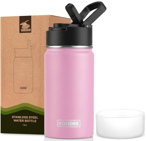 Image of koodee 12 oz Stainless Steel Water Bottle-Double Wall Vacuum Insulated Wide Mouth Flask with Straw, Sports Water Bottle for School (Pink)