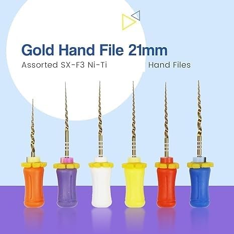 SX-F3 Dental Hand Files, 21mm Gold Endodontic Root Canal Files, 6-Pack Assorted Colors