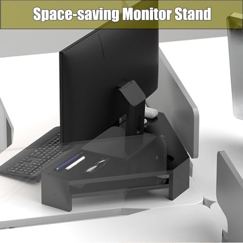 Double-Layer Black Monitor Stand Riser, Corner Shelf with 2 Slots & Storage, Triangle Design for Universal Office Use, Enhance Desktop Organization & Comfort