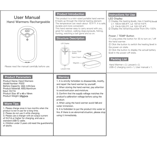 Hand Warmers Rechargeable - Magnetic Electric Hand Warmers 2 Pack, LED Display, 4 Settings Fast Heating Reusable Portable Heater Handwarmers for Golf Hunting Camping Essentials, Gifts for Men Women image 8