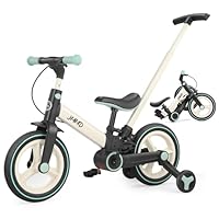 JMMD Balance Bike with Training Wheels and Pedals, Kids Push Bike with Adjustable Push Handle, Fun and Safe Toddler Tricycle for Boys and Girls with Brakes & Kickstand, Age18 Months-5 Years, Mint