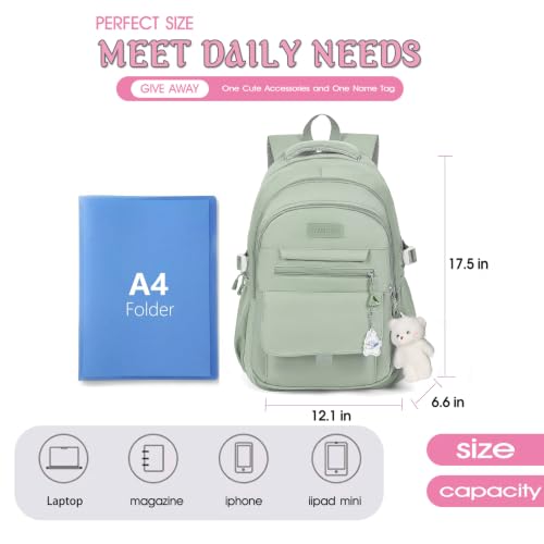 Image of PRLINJSK Girls Backpack for College High Middle School Student, Cute Aesthetic Bookbag for Teens Women with Accessories,Green