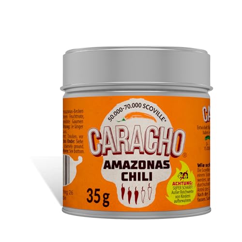 CARACHO 35 g de copos de chile amazónicos, 100 % picante de alta calidad, en lata de especias metálicas/Scoville: 50.000 – 70.000 / especialidad de chile