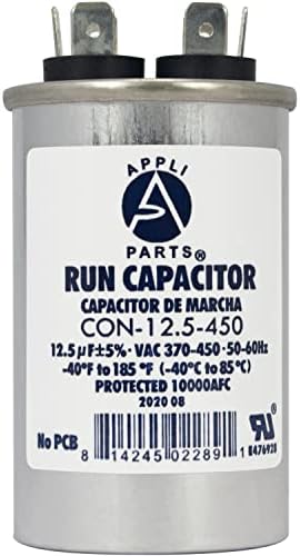 Appli Parts Run Capacitor for ac 12.5 Mfd uF (microfarads) 370 VAC or 450 VAC CBB65 Round Universal fit for hvac and other applications 3 in High 1-1/2 in Wide CON-12.5-450