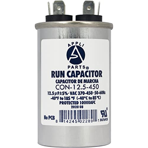 Appli Parts Run Capacitor for ac 12.5 Mfd uF (microfarads) 370 VAC or 450 VAC CBB65 Round Universal fit for hvac and other applications 3 in High 1-1/2 in Wide CON-12.5-450