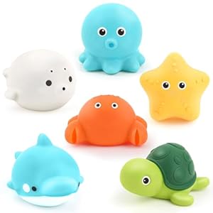 Bath Toys 6 Pack No Hole Baby Bathtub Toys Soft Squeezable & Float on Water Easy-Grip Toddler Bath Toy Set for Kids Ages 1-3 Tub Pool Toys