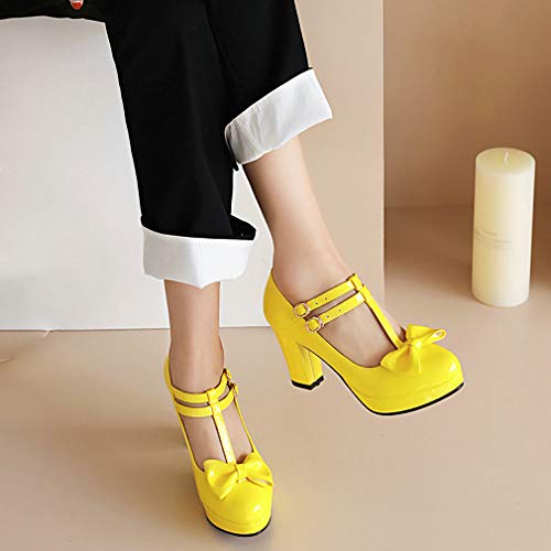 Parisuit Womens T Strap Platform Mary Jane Shoes Chunky High Heels Patent Leather Pumps with Bow3