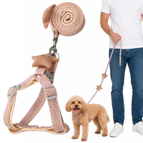 Pettorina per Cani con Guinzaglio, Set Pettorina Regolabile Anti-Fuga, Morbida e Traspirante, Simpatico Motivo a Stella Marina, Marrone Pied de Poule, S, Adatta per Cani o Gatti di Piccola Taglia