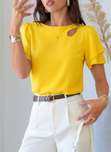 Dokotoo Women's 2026 Summer Tops Ruffle Sleeve Basic Shirts Dressy Casual Layer Short Sleeve Work Blouses Summer Trendy Clothes Yellow X-Large — view 4