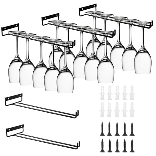 YAYODS Lot de 5 Porte-Verres à Pied Suspendu 30 cm - Support Verre de Vin en Métal Noir avec Vis - Rangement Sous Placard pour Cuisine, Bar, Restaurant et...