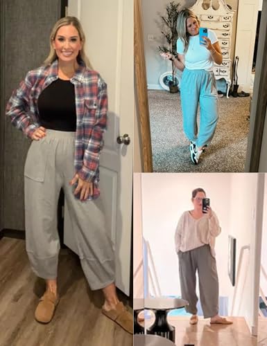 Image of Xiaoxuemeng Womens Baggy Wide Leg Pants Casual Elastic Waisted Palazzo Harem Pants with Pockets