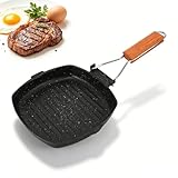 HERCHR Sartén Para Parrilla, Sartén Antiadherente Con Mango Plegable Sartén Para Bistec De Acero Al Carbono Fácil De Limpiar Herramienta Para Hornear Tocino Para Carne Pescado Y Verduras(20x20cm)