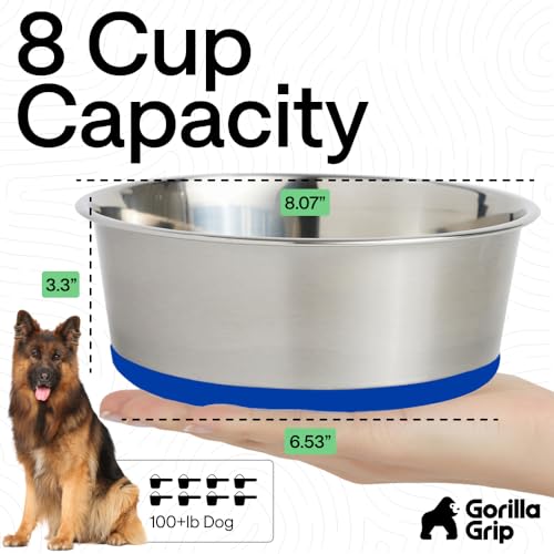 Image of GORILLA GRIP Dog Bowls, Food Grade 304 Stainless Steel, Holds 8 Cups Each (64 fl oz) Food and Water Bowl for Feeding Dogs and Cats, Dishwasher Safe, Rust Resistant, BPA Free Rubber Base Set of 2 Blue