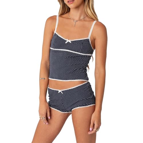 Image of Yuemengxuan Women Y2k Polka Dot Pajamas Sets 2 Piece Sexy Summer Outfits Set Sleeveless Strappy Cami Top Crop Top Shorts Set