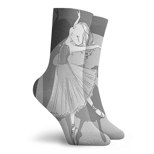 Fashion Compression Socks,Greyscale Style Hand Drawn Illustration Of Dancing Ballerina Girl With Shadow,Performance Polyester Cushioned Athletic Crew Socks for Running,Athletic, -12 inch2