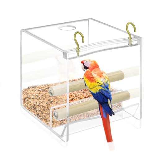 No Mess Bird Feeder for Cage Indoor Acrylic Bird Cage Feeder with Hooks, Parakeet Cage Accessories for Small Bird