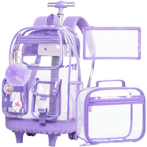 CCJPX 3Pcs Clear Rolling Backpack for Girls Women, Heavy Duty PVC Transparent Wheeled Bookbag, See Through School Bags with Wheels for Teens Elementary Travel - Purple