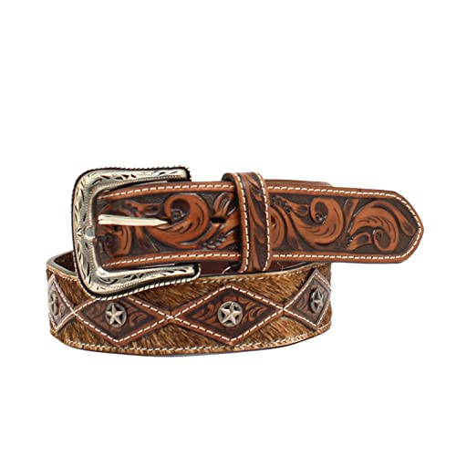 ARIAT Men's Calf Hair Concho Tooled Belt, Brown Genuine Leather, Floral Tooled Design,Removable Buckle, Sizes 32-46