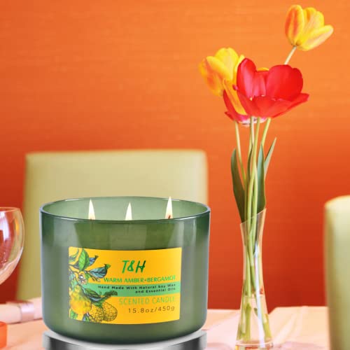 Amber Bergamot Scented Candles With Coconut, Jasmine & Balsam | 3 Wick Aromatherapy Candle 15.8 Oz | Natural Soy Candles For Home Stress Relief, Coconut Candle | Highly Scented Candles For Men & Women #TOP6