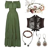 HSDOU 5 Pcs Renaissance Medieval Costume Dress Women Fairy Dress Peasant Cottagecore Dress 1700s Victorian Fantasy Fairy Costume(Z3768GN,XL)