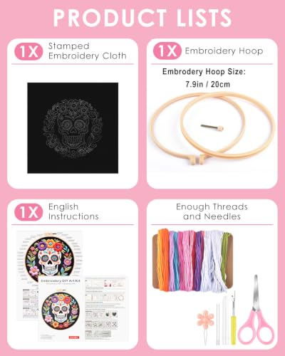 Image of TINDTOP Embroidery Kit for Adult Beginners, Embroidery DIY Starter Kit, with Stamped Patterns, Hoop, Tools, Colorful Threads with Needles, Instructions (Skeleton B)