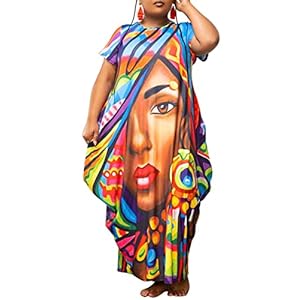 Acatmew Plus Size Maxi Dress Black Women African Print Short Sleeve Loose Pocket Oversize Long Dresses
