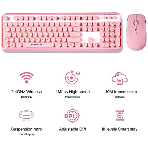 Image of FOPETT Wireless Keyboard and Mouse Combo, 104 Keys Full-Sized 2.4 GHz Round Keycap Colorful Keyboards, USB Receiver Plug and Play, for Windows, Mac, PC, Laptop, Desktop (Pink)