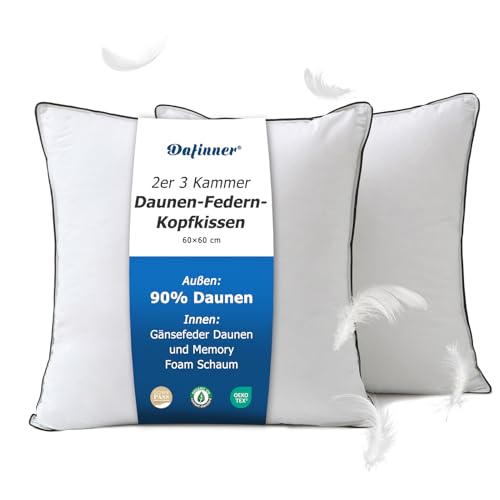 Dafinner 2er 3-Kammer-Daunenkissen 60 × 60 cm┃ 90% Daunen Außenkammer┃ Feder-Mischung Innenkammer ┃Oeko-TEX ┃Downpass ┃ Mittlere Unterstützung│Bio-Baumwoll