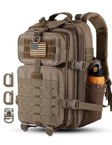 Hannibal Tactical Mochila de assalto MOLLE 45L/28L, mochila tática de acampamento do exército militar com suporte de garrafa, Coiote, 28L, Mochila tática